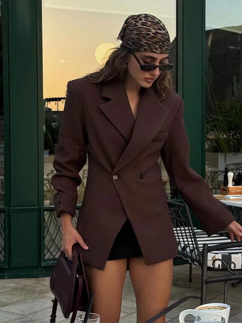 Casual Brown Lapel with Pocket Jacket Woman Fashion Cuff Buttons Long Sleeve Blazer Coat 2024 Lady Autumn High Street Outwear