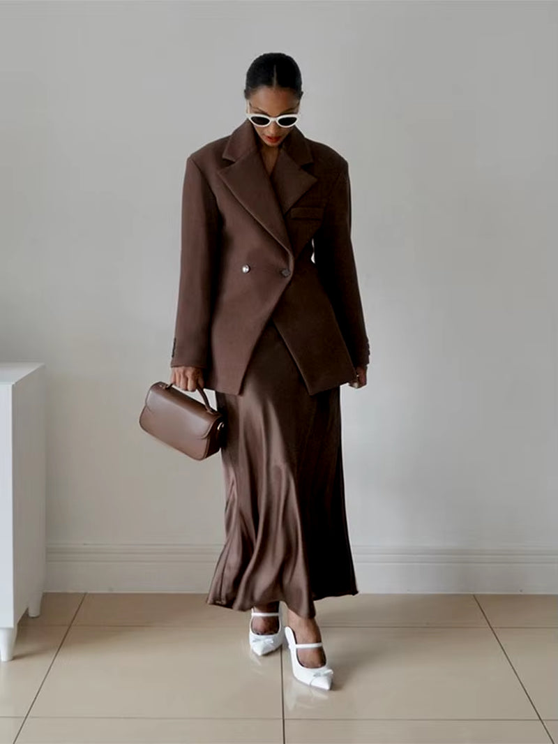 Casual Brown Lapel with Pocket Jacket Woman Fashion Cuff Buttons Long Sleeve Blazer Coat 2024 Lady Autumn High Street Outwear