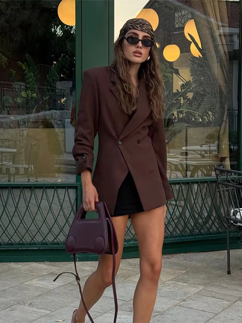 Casual Brown Lapel with Pocket Jacket Woman Fashion Cuff Buttons Long Sleeve Blazer Coat 2024 Lady Autumn High Street Outwear